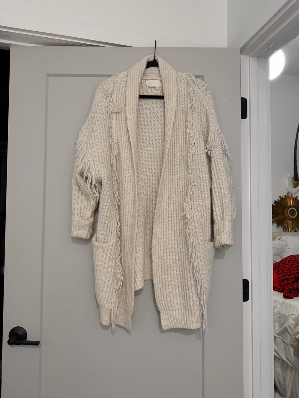 Anthropologie Cream Open-Front Fringe Knit Cardigan